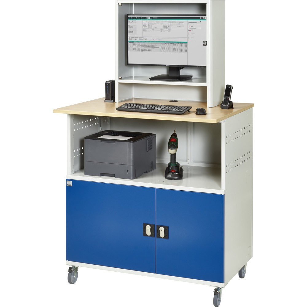 Número de imagen del producto 6: Mesa para ordenador RAU, H x A x F 1.860 x 1.100 x 800 mm, tablero de trabajo decorado en haya, con 2 puertas batientes, regleta de enchufes y alojamiento para el monitor