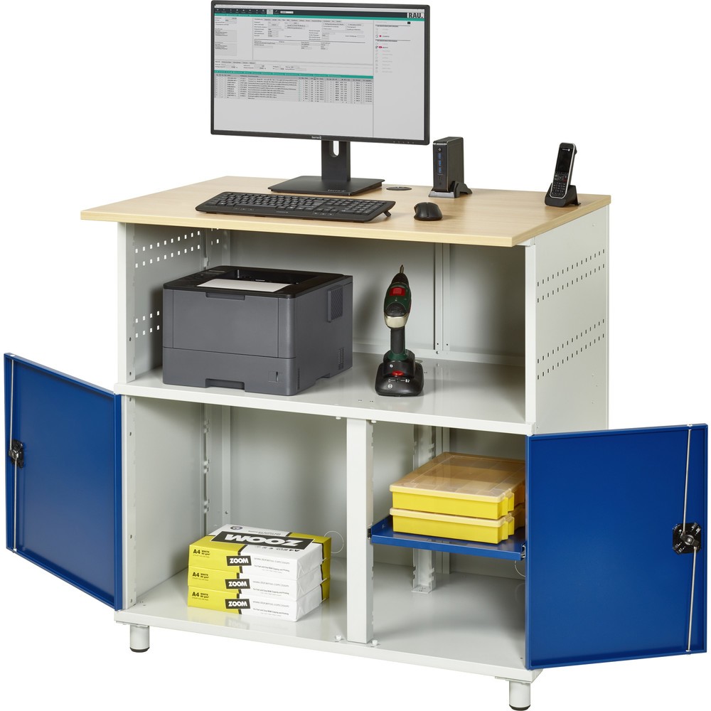 Número de imagen del producto 1: Mesa para ordenador RAU, H x A x F 1.100 x 1.100 x 800 mm, tablero de trabajo decorado en haya, con 2 puertas batientes y regleta de enchufes