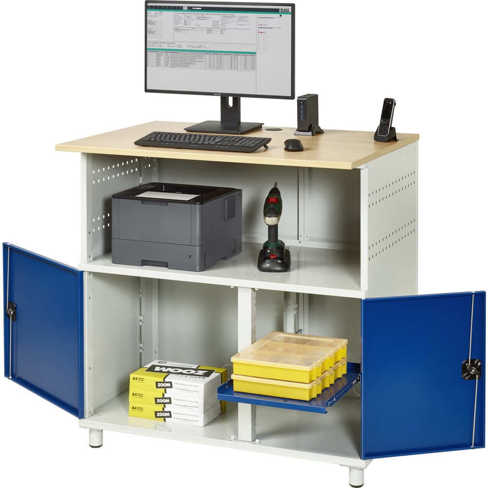 Número de imagen del producto 4: Mesa para ordenador RAU, H x A x F 1.100 x 1.100 x 800 mm, tablero de trabajo decorado en haya, con 2 puertas batientes y regleta de enchufes