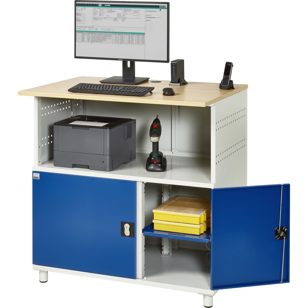 Número de imagen del producto 5: Mesa para ordenador RAU, H x A x F 1.100 x 1.100 x 800 mm, tablero de trabajo decorado en haya, con 2 puertas batientes y regleta de enchufes
