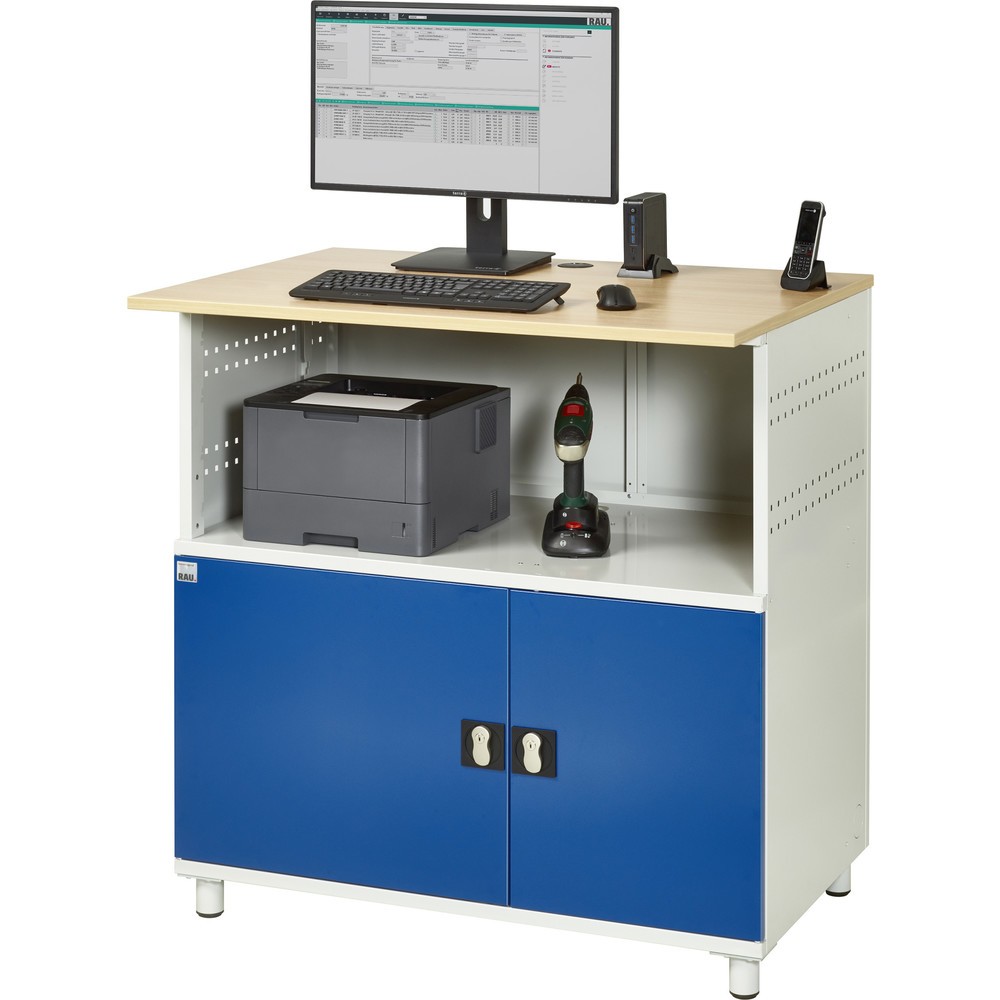 Número de imagen del producto 6: Mesa para ordenador RAU, H x A x F 1.100 x 1.100 x 800 mm, tablero de trabajo decorado en haya, con 2 puertas batientes y regleta de enchufes