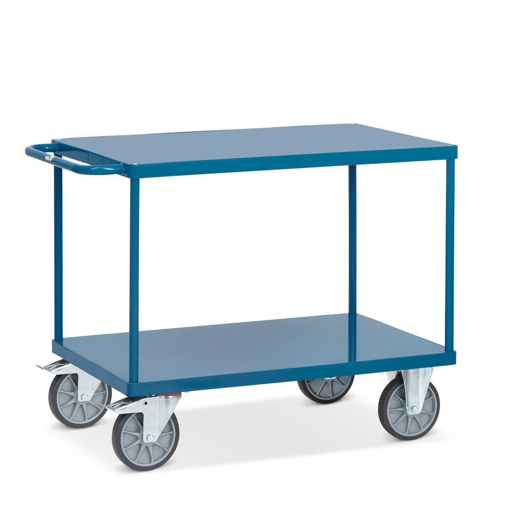 carro|plataforma de mesa y montaje fetra® con estantes de chapa de acero de 1.200 x 800 mm Imagen del producto: carro|plataforma de mesa y montaje fetra® con estantes de chapa de acero de 1.200 x 800 mm