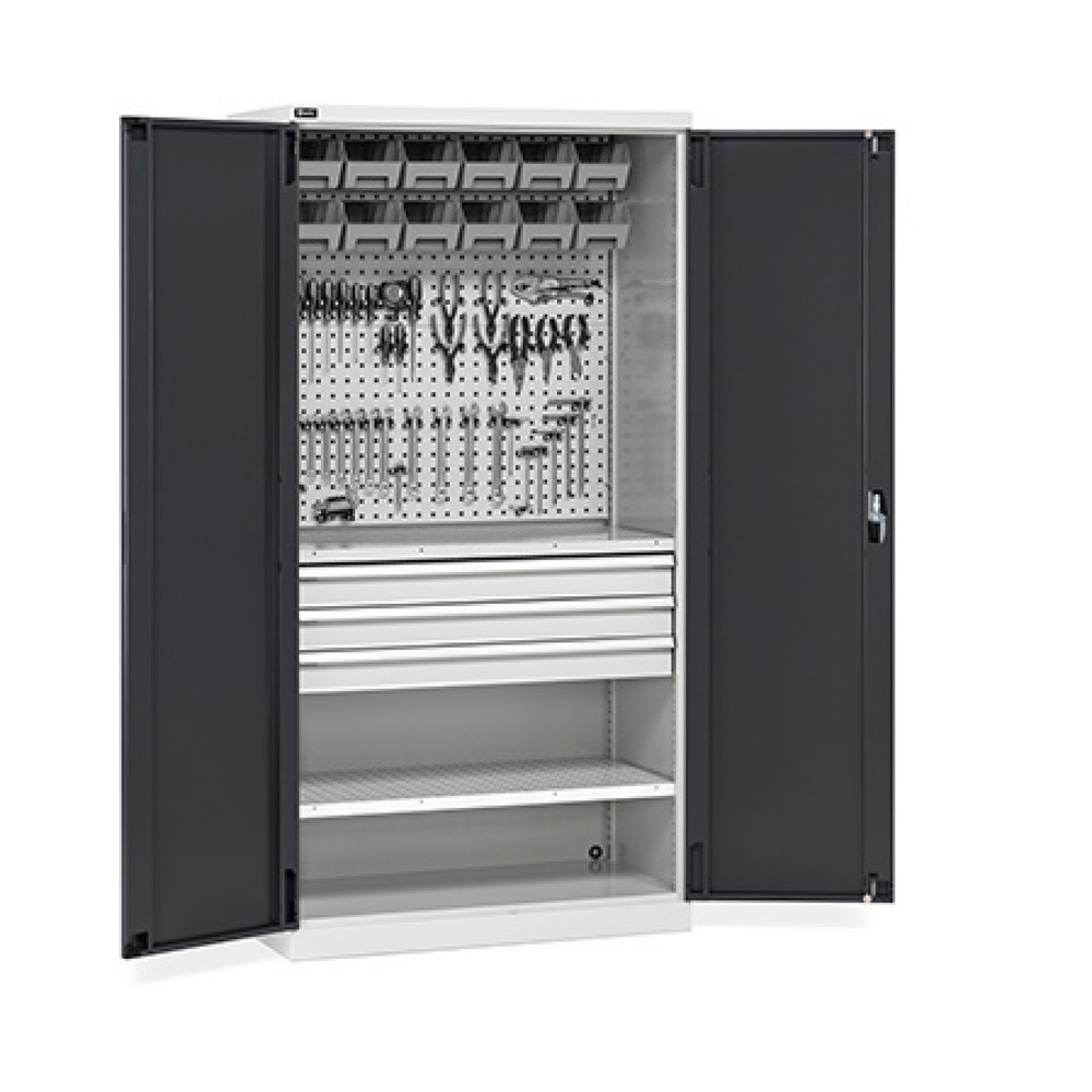 Imagen del producto: Armario de taller Fami PERFOM, 3 cajones, paneles perforados, caja de almacenamiento con frente abierto, 2.000 x 1.023 x 726 mm (alto x ancho x fondo), gris claro, antracita