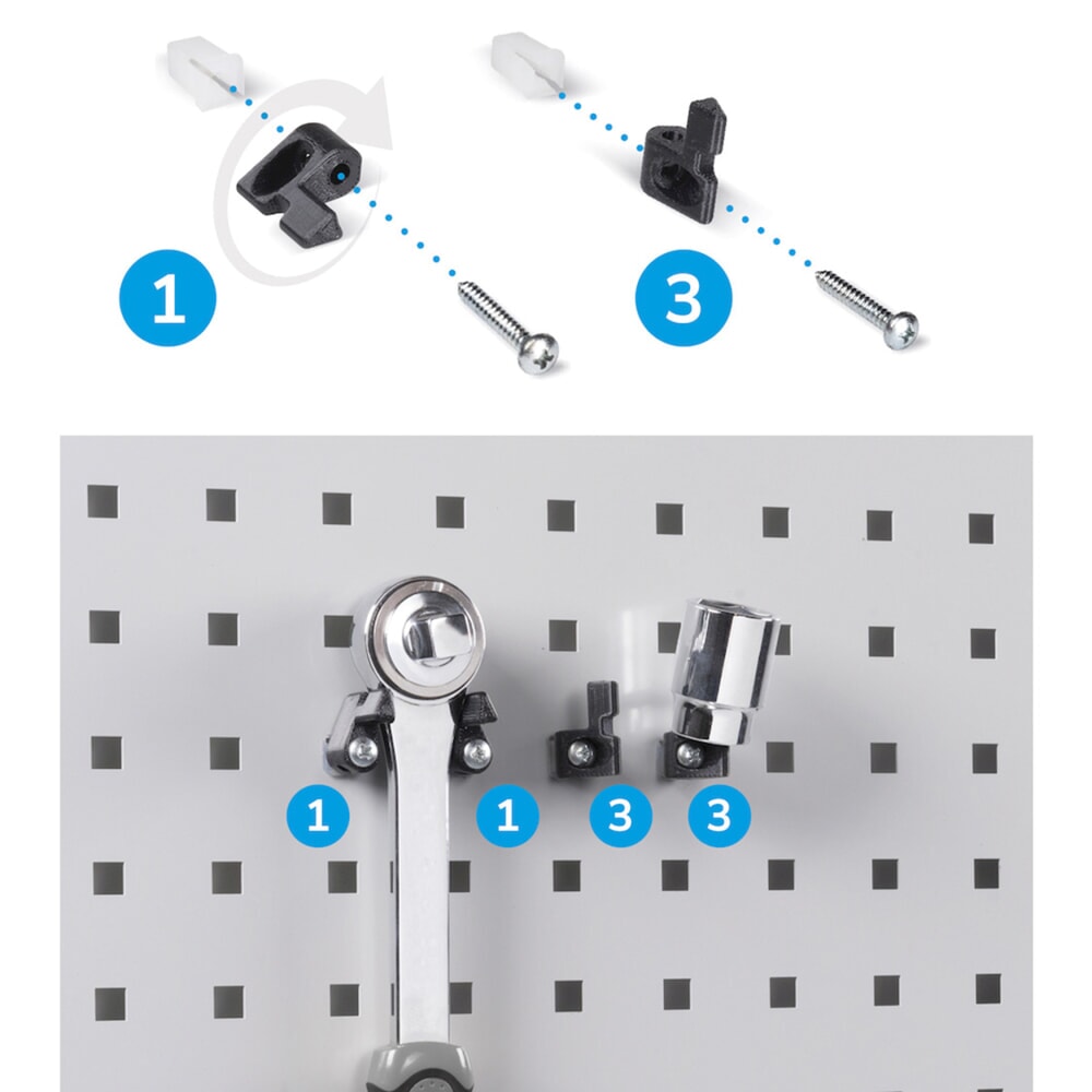 Número de imagen del producto 7: Armario de taller Fami PERFOM, 3 cajones, paneles perforados, caja de almacenamiento con frente abierto, 2.000 x 1.023 x 726 mm (alto x ancho x fondo), azul claro