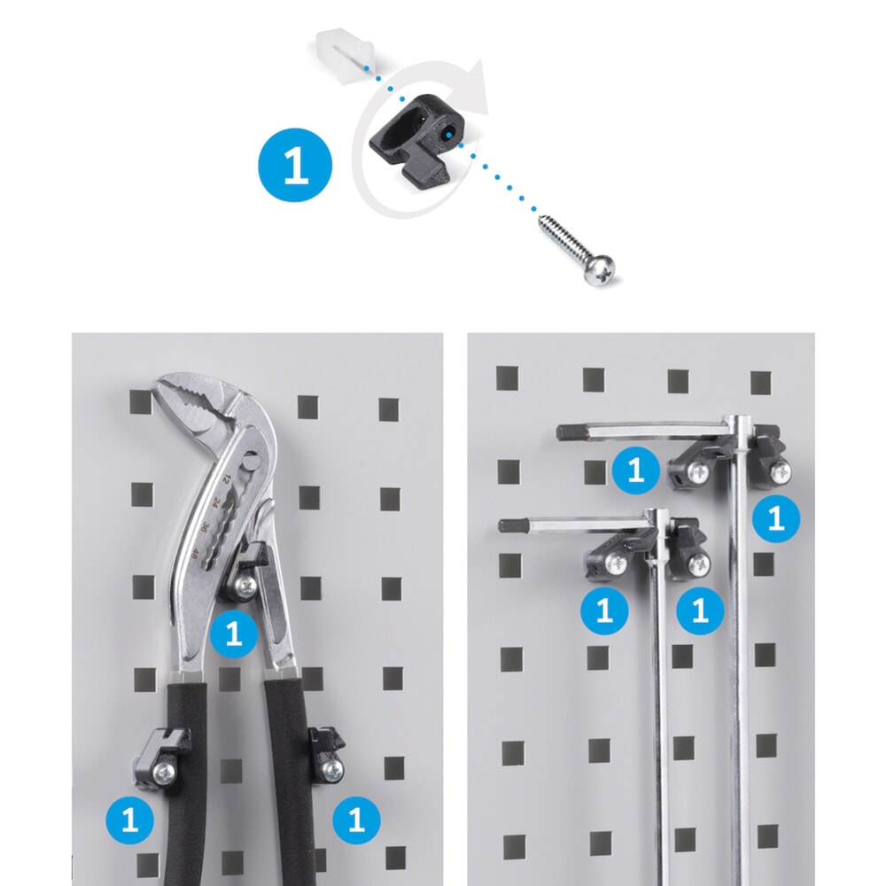 Número de imagen del producto 9: Armario de taller Fami PERFOM, 3 cajones, paneles perforados, caja de almacenamiento con frente abierto, 2.000 x 1.023 x 726 mm (alto x ancho x fondo), azul claro