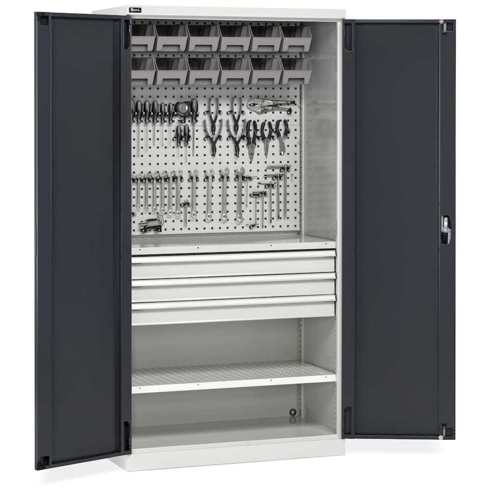 Número de imagen del producto 11: Armario de taller Fami PERFOM, 3 cajones, paneles perforados, caja de almacenamiento con frente abierto, 2.000 x 1.023 x 726 mm (alto x ancho x fondo), gris claro, antracita