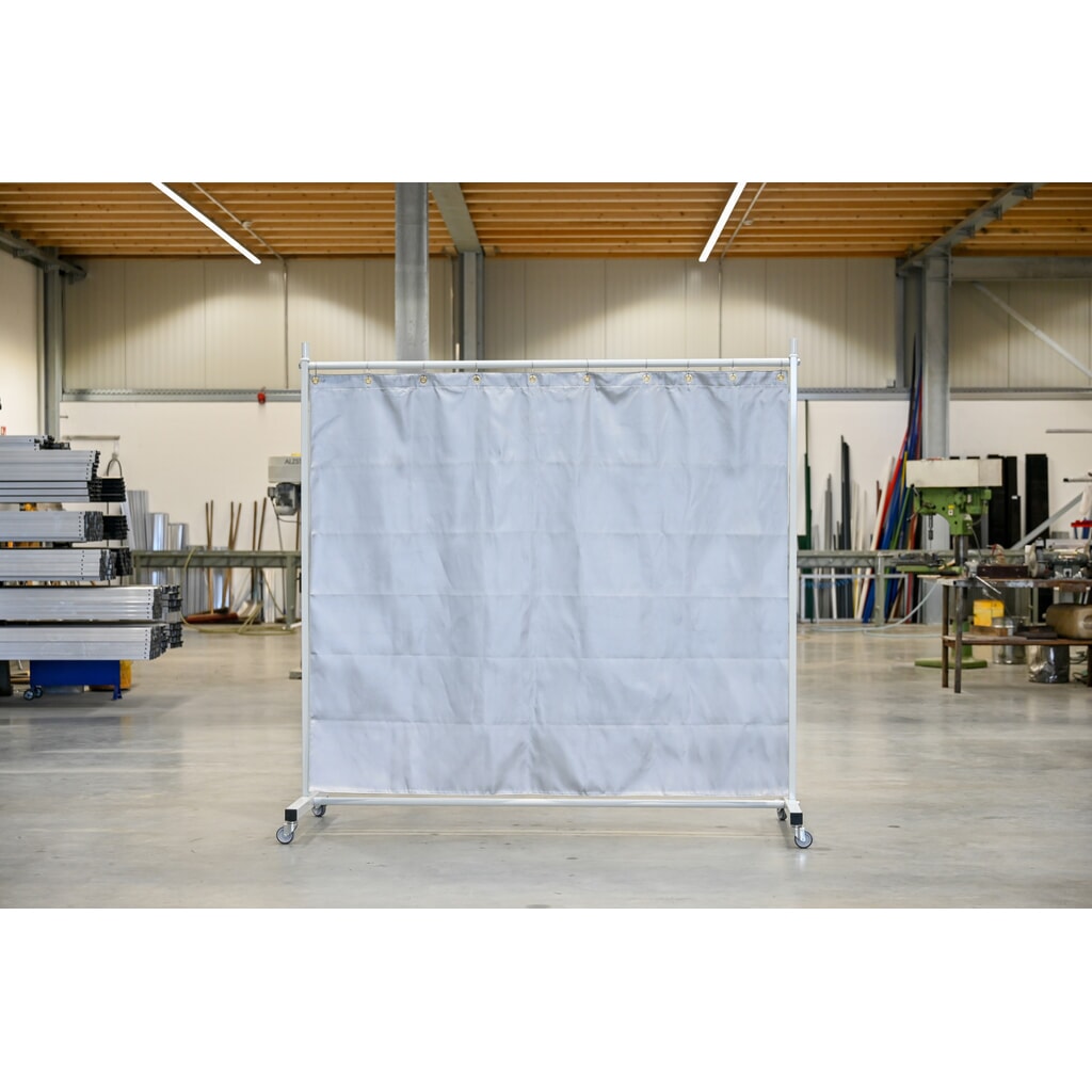 Pantalla de protección móvil con brazos articulados, manta antichispas y antitérmica según DIN EN 13501-1, 1 piezas, láminas de 2 mm, gris/plata Imagen del producto: Pantalla de protección móvil con brazos articulados, manta antichispas y antitérmica según DIN EN 13501-1, 1 piezas, láminas de 2 mm, gris/plata