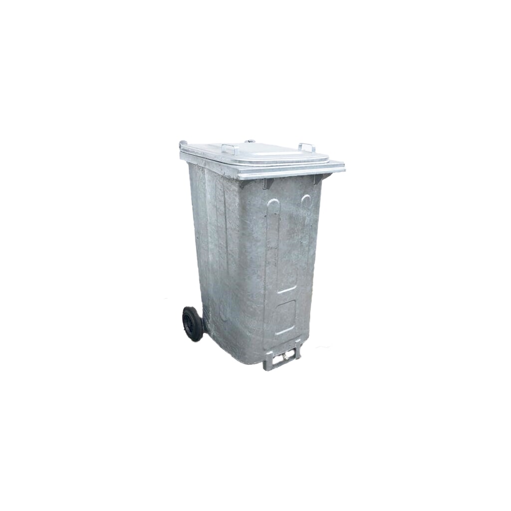 Cubo de basura de chapa de acero galvanizado en caliente de 240 litros con rodillos y colector de drenaje de aceite Imagen del producto: Cubo de basura de chapa de acero galvanizado en caliente de 240 litros con rodillos y colector de drenaje de aceite
