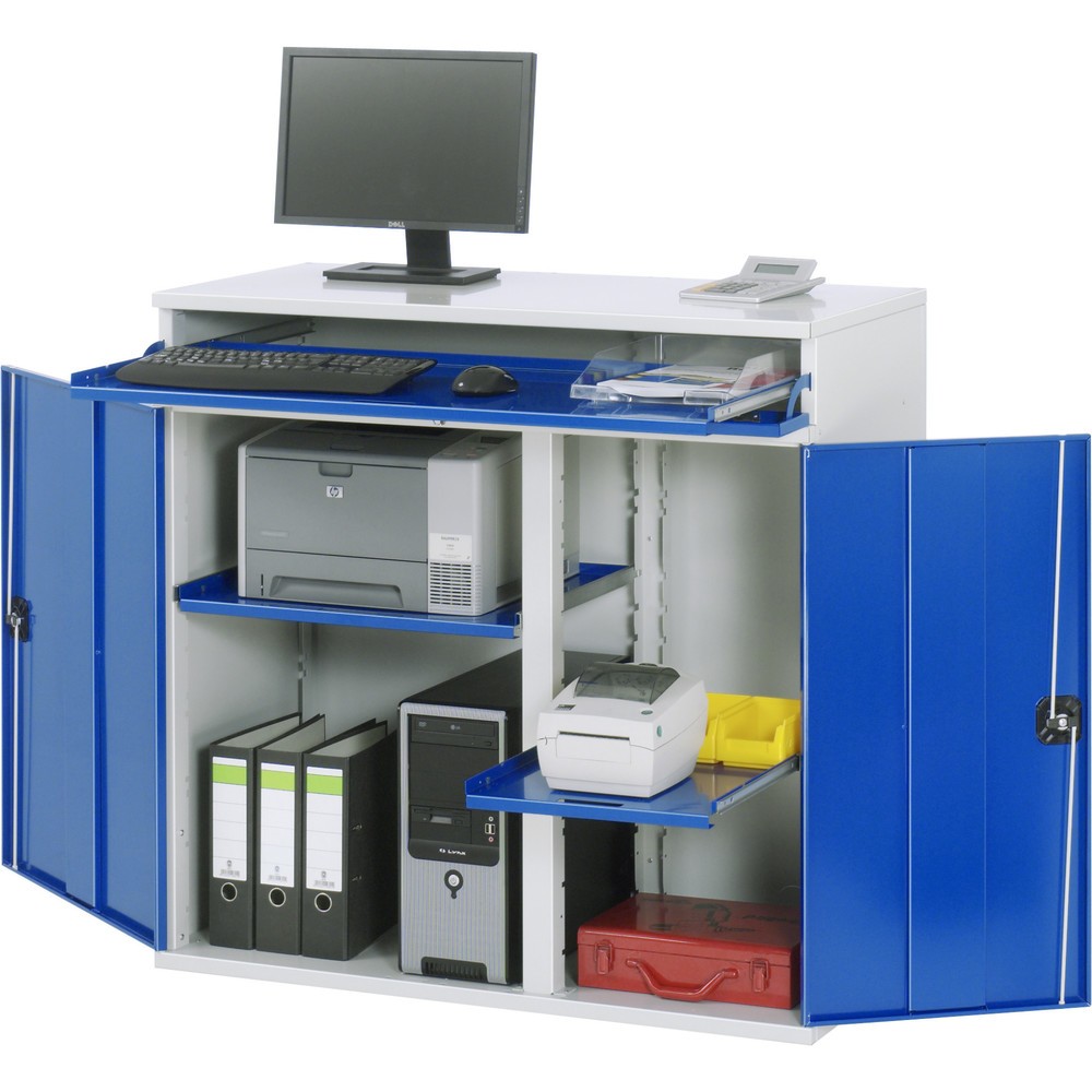 Número de imagen del producto 1: Armario para ordenador RAU, H x A x F 1.060 x 1.100 x 520 mm, con 2 puertas batientes, bandeja extraíble para el teclado y ruedas
