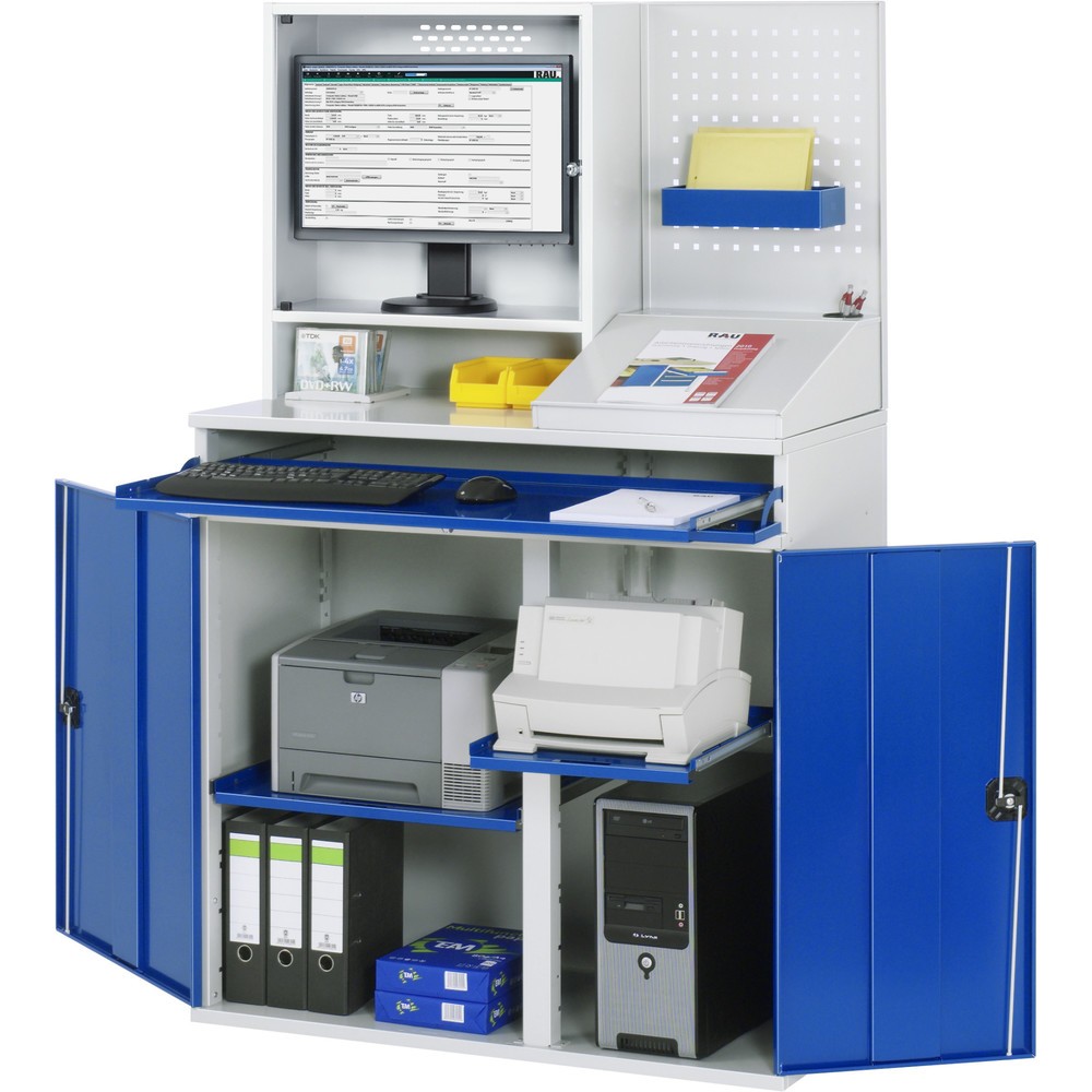 Número de imagen del producto 1: Armario para ordenador RAU, H x A x F 1.770 x 1.100 x 520 mm, con 2 puertas batientes, bandeja extraíble para el teclado y alojamiento para el monitor