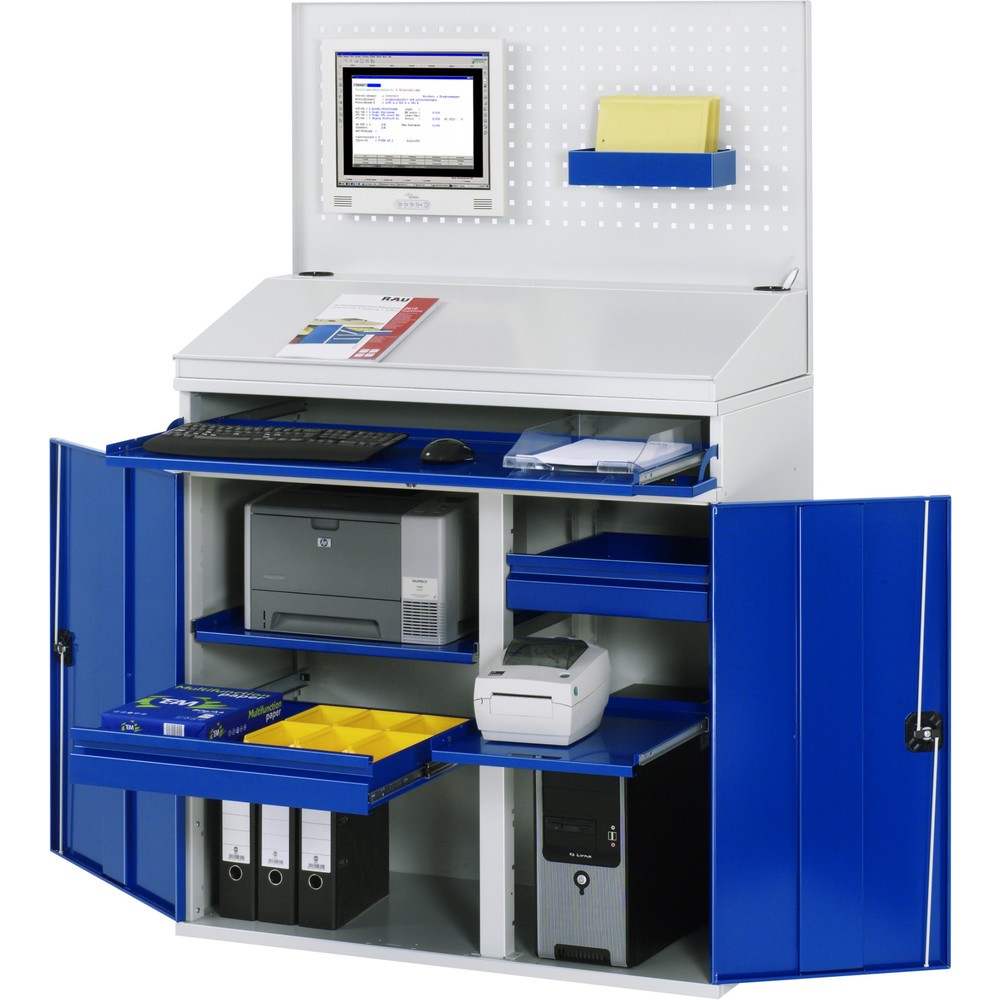 Número de imagen del producto 1: Armario para ordenador RAU, H x A x F 1.770 x 1.100 x 520 mm, con 2 puertas batientes, bandeja extraíble para el teclado, 1 cajón y ruedas