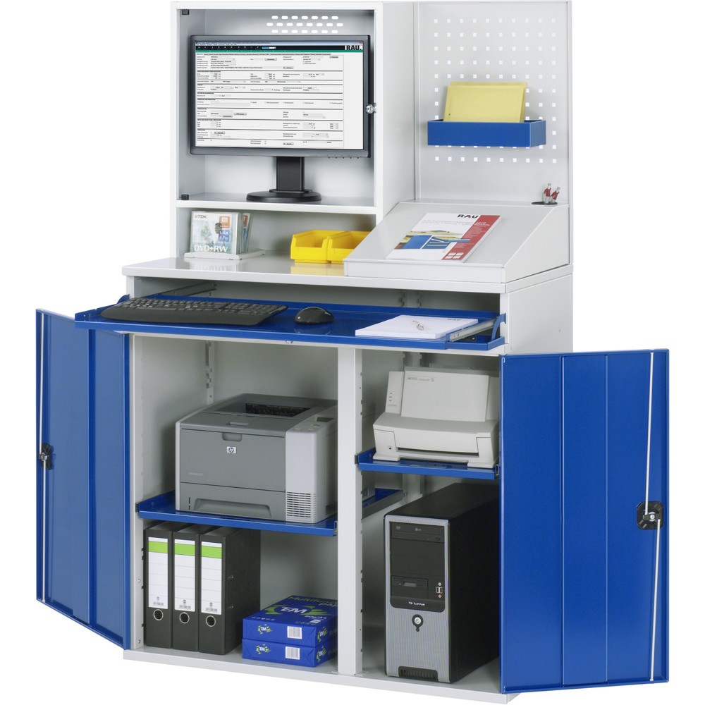 Número de imagen del producto 2: Armario para ordenador RAU, H x A x F 1.770 x 1.100 x 520 mm, con 2 puertas batientes, bandeja extraíble para el teclado y alojamiento para el monitor