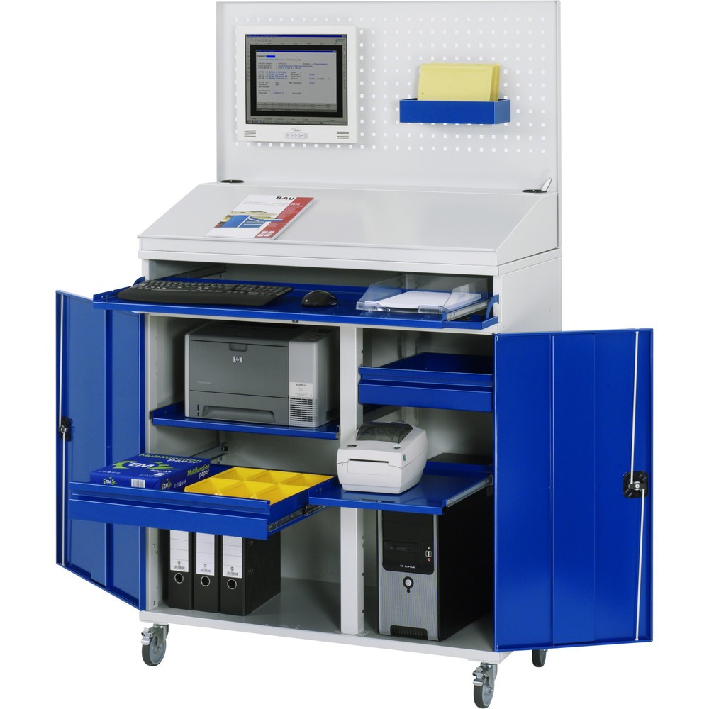 Número de imagen del producto 1: Armario para ordenador RAU, H x A x F 1.895 x 1.100 x 520 mm, con 2 puertas batientes, bandeja extraíble para el teclado, 1 cajón y ruedas