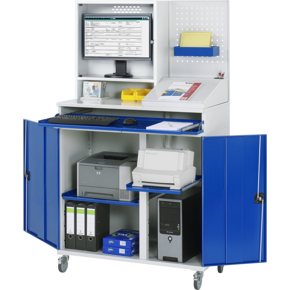 Número de imagen del producto 1: Armario para ordenador RAU, H x A x F 1.895 x 1.100 x 520 mm, con 2 puertas batientes, bandeja extraíble para el teclado y alojamiento para el monitor