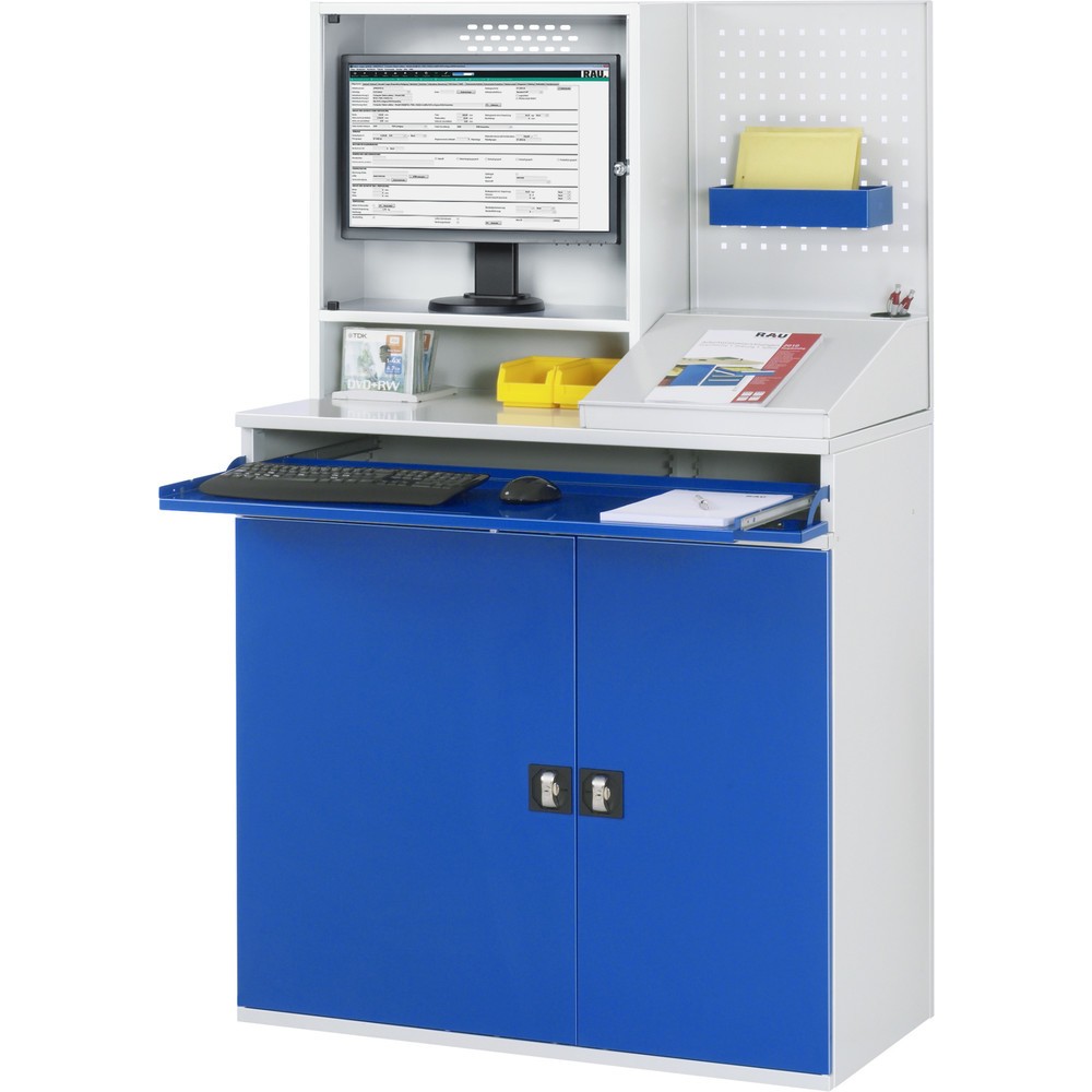 Número de imagen del producto 3: Armario para ordenador RAU, H x A x F 1.770 x 1.100 x 520 mm, con 2 puertas batientes, bandeja extraíble para el teclado y alojamiento para el monitor