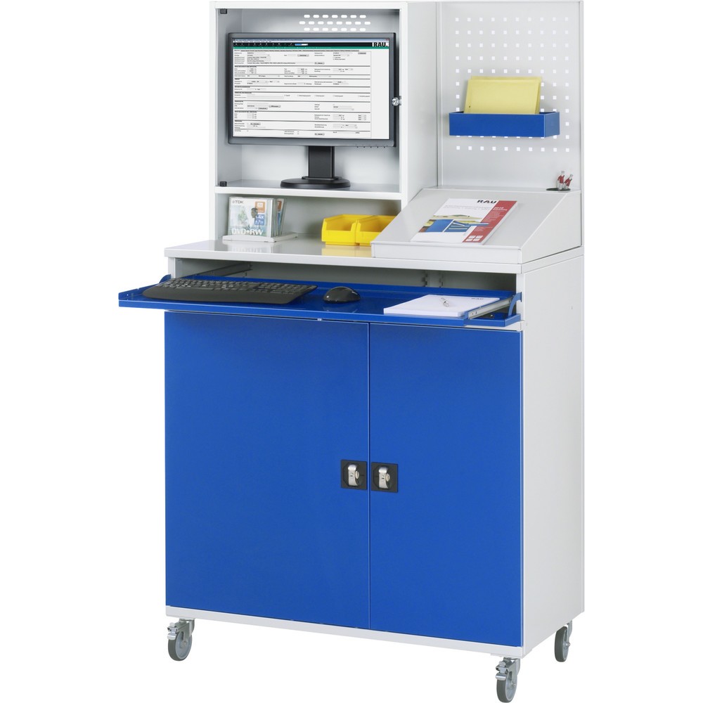 Número de imagen del producto 3: Armario para ordenador RAU, H x A x F 1.895 x 1.100 x 520 mm, con 2 puertas batientes, bandeja extraíble para el teclado y alojamiento para el monitor