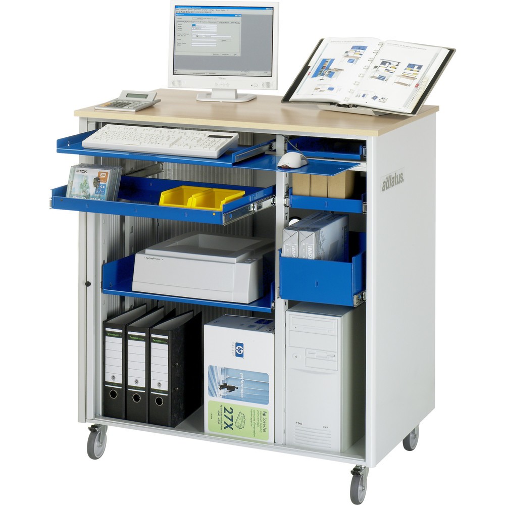 Número de imagen del producto 1: Módulos para ordenador RAU, H x A x F 1.100 x 1.030 x 660 mm, tablero de trabajo decorado en haya, con persianas, regleta de enchufes, cajón
