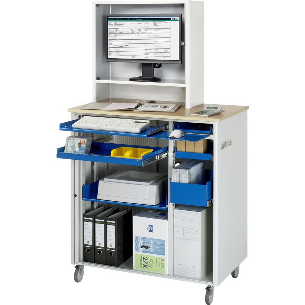 Número de imagen del producto 1: Módulos para ordenador RAU, H x A x F 1.810 x 1.030 x 660 mm, tablero de trabajo decorado en haya, con persianas, regleta de enchufes y alojamiento para el monitor