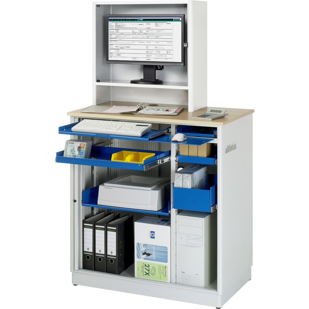 Número de imagen del producto 1: Módulos para ordenador RAU, H x A x F 1.810 x 1.030 x 660 mm, tablero de trabajo decorado en haya, con persianas, regleta de enchufes, cajón y alojamiento para el monitor