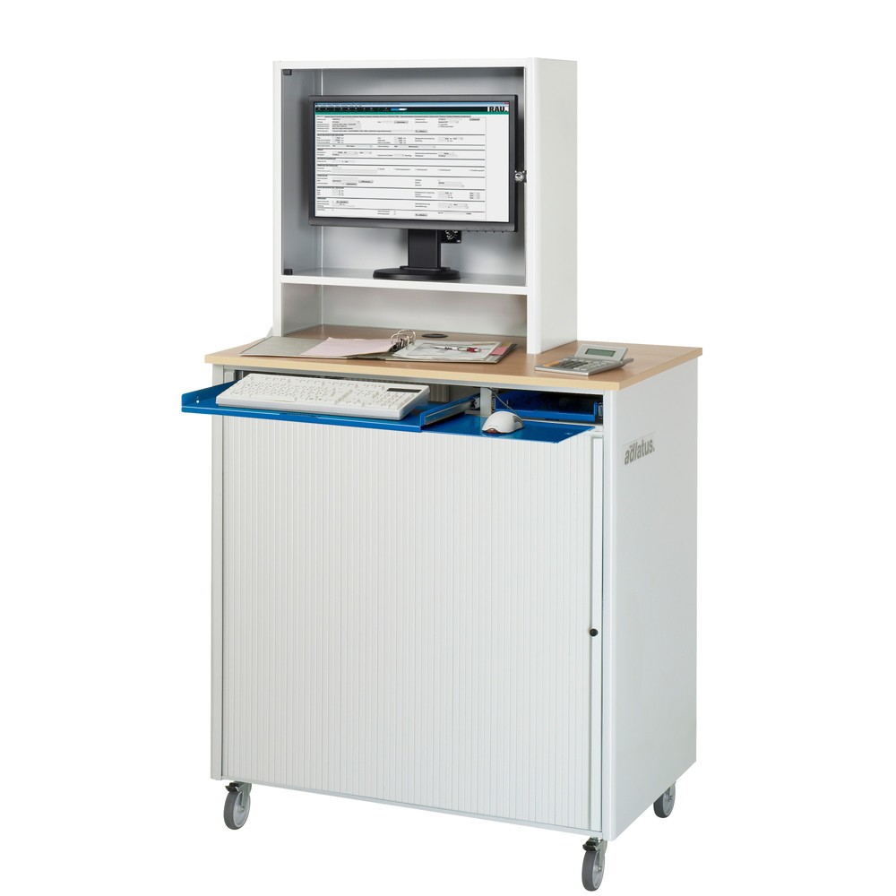 Número de imagen del producto 2: Módulos para ordenador RAU, H x A x F 1.810 x 1.030 x 660 mm, tablero de trabajo decorado en haya, con persianas, regleta de enchufes y alojamiento para el monitor
