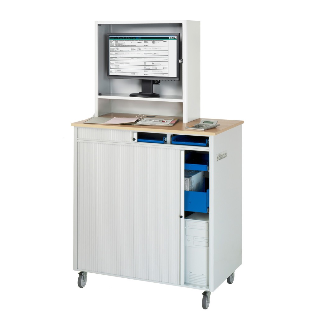 Número de imagen del producto 3: Módulos para ordenador RAU, H x A x F 1.810 x 1.030 x 660 mm, tablero de trabajo decorado en haya, con persianas, regleta de enchufes y alojamiento para el monitor