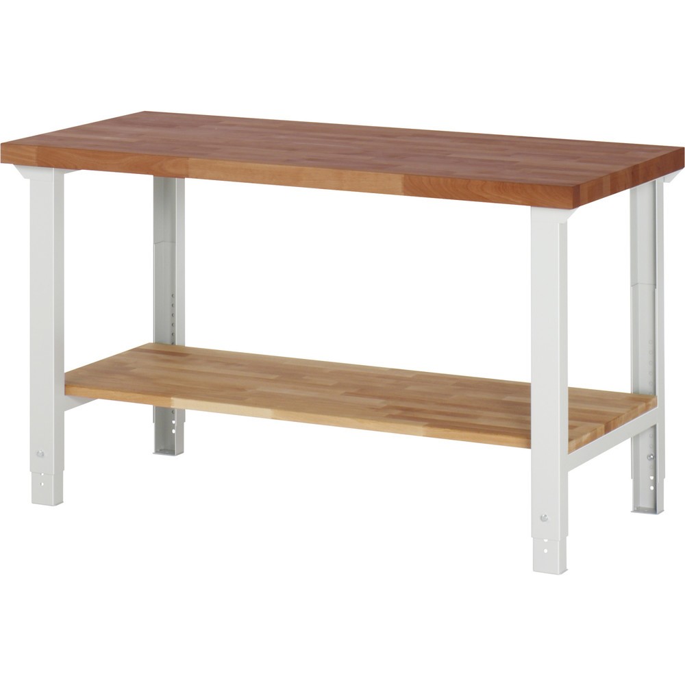 Imagen del producto: Banco de trabajo pesado RAU serie 7000, encimera de haya roja maciza, 1 estante inferior de haya maciza, HxAxF 790-1.140 x 1.500 x 700 mm