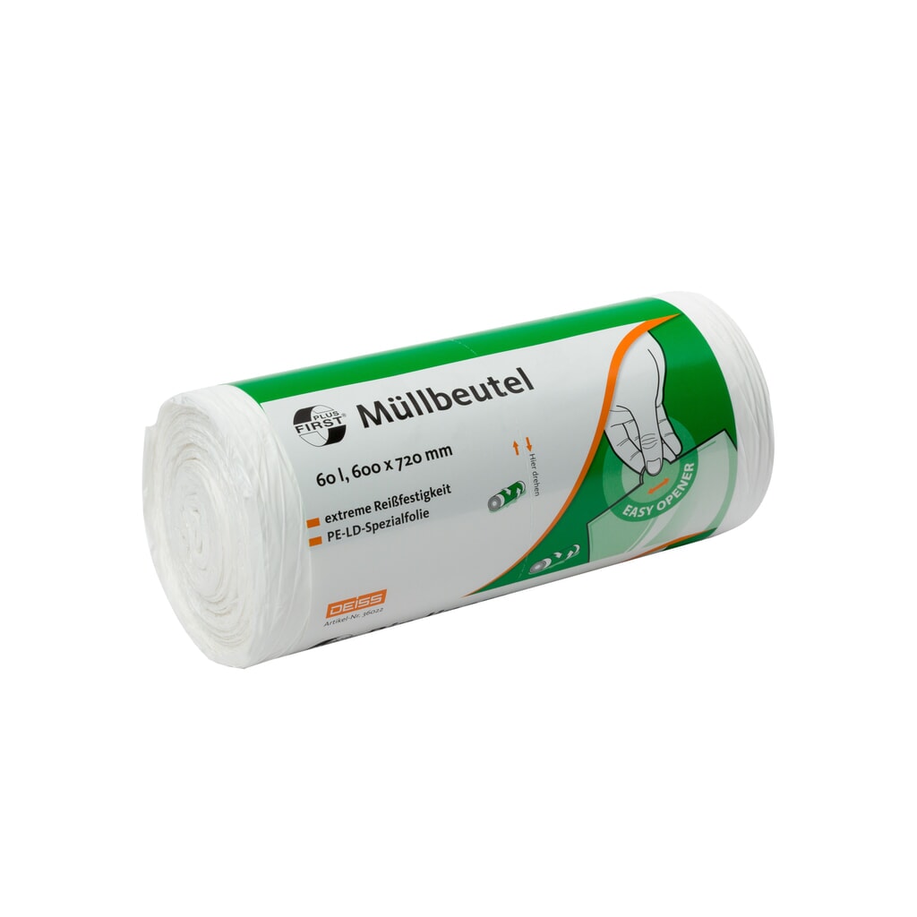 DEISS FIRST PLUS 60 L 600 x 720 mm LDPE 50 piezas/rollo 20 rollos/paquete Imagen del producto: DEISS FIRST PLUS 60 L 600 x 720 mm LDPE 50 piezas/rollo 20 rollos/paquete