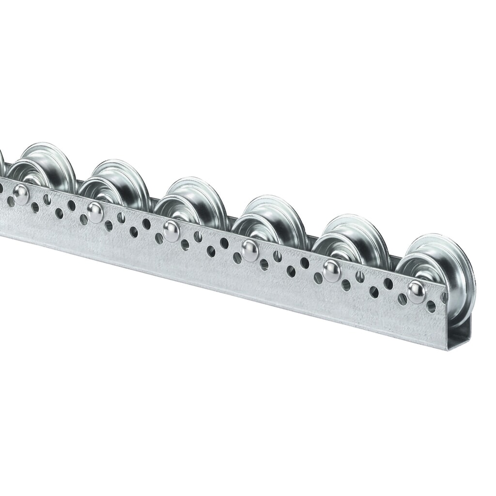Riel de rodillos universal, rodillos de acero, con llanta, paso 100 mm, capacidad de carga por rollo 20 Imagen del producto: Riel de rodillos universal, rodillos de acero, con llanta, paso 100 mm, capacidad de carga por rollo 20