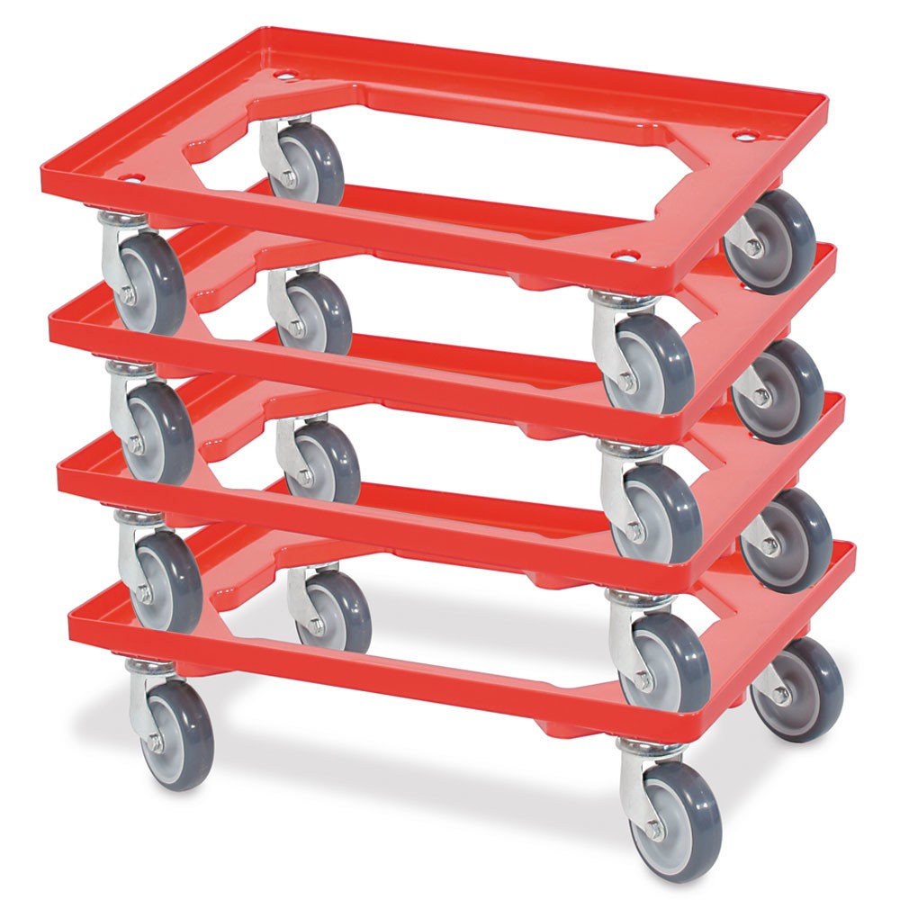 Número de imagen del producto 2: Rodillo de transporte para eurocontenedor apilable 600x400 mm rojo, 4 ruedas giratorias, ruedas de caucho gris