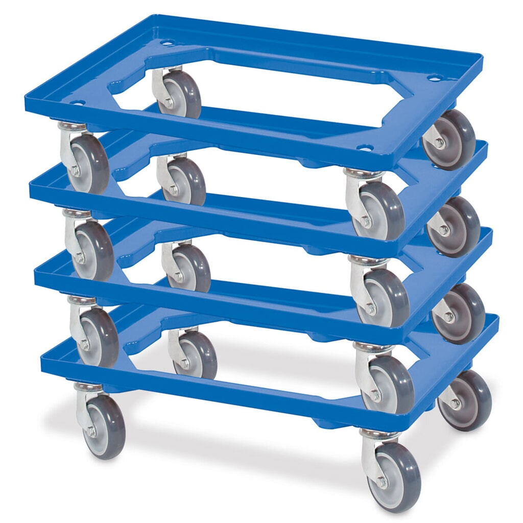 Rodillo de transporte para eurocontenedor apilable 600x400 mm azul, 4 ruedas giratorias, ruedas de caucho gris Número de imagen del producto 2: Rodillo de transporte para eurocontenedor apilable 600x400 mm azul, 4 ruedas giratorias, ruedas de caucho gris