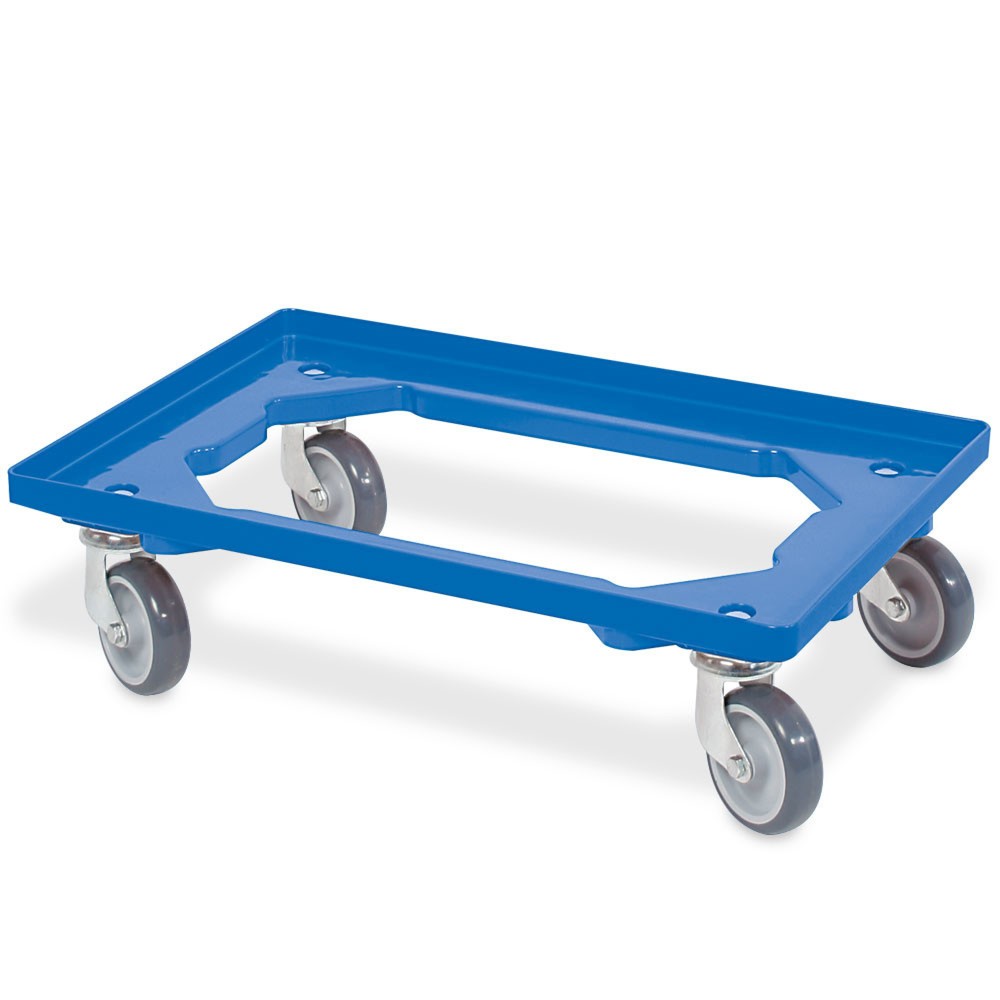 Imagen del producto: Rodillo de transporte para eurocontenedor apilable 600x400 mm azul, 4 ruedas giratorias, ruedas de caucho gris