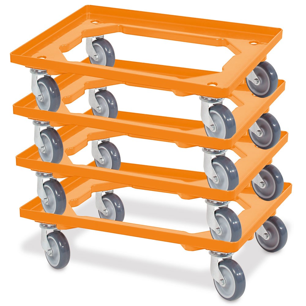 Número de imagen del producto 2: Rodillo de transporte para eurocontenedor apilable 600x400 mm naranja, 4 ruedas giratorias, ruedas de caucho gris