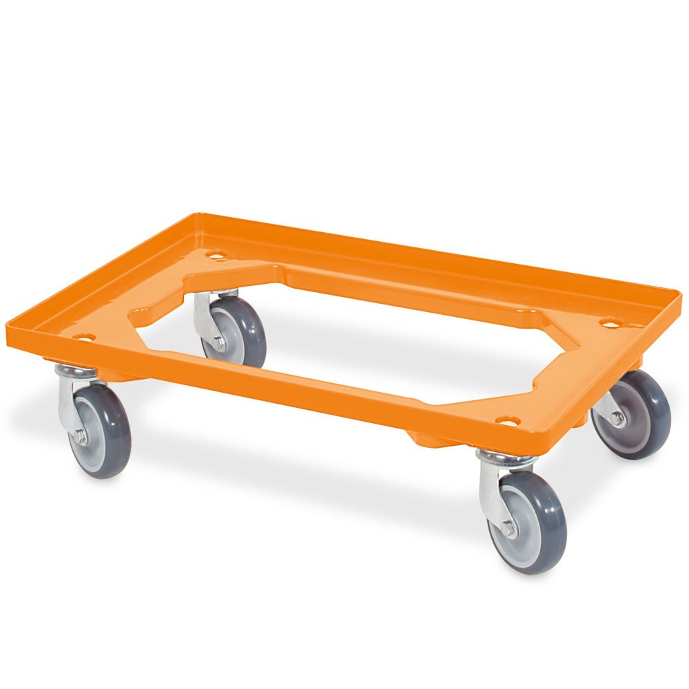 Número de imagen del producto 1: Rodillo de transporte para eurocontenedor apilable 600x400 mm naranja, 4 ruedas giratorias, ruedas de caucho gris
