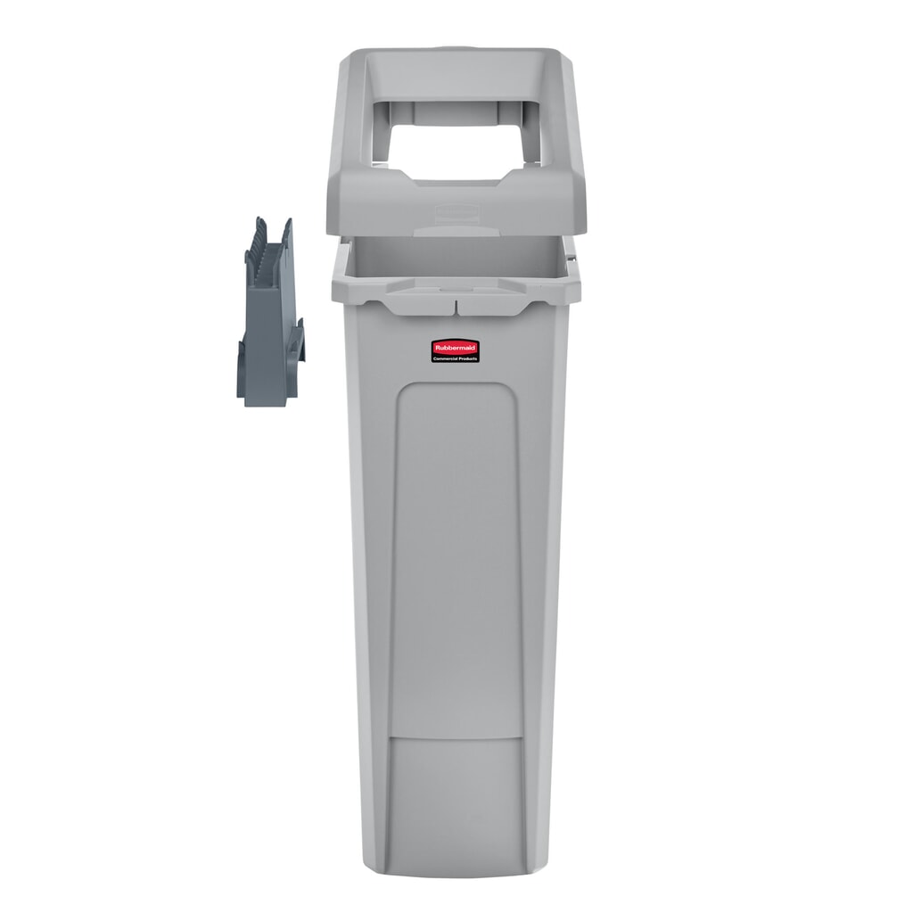 Número de imagen del producto 1: Rubbermaid® Slim Jim Recycling Station Starter Set, con contenedor de reciclaje de 87 litros, tapa abierta, conector a presión