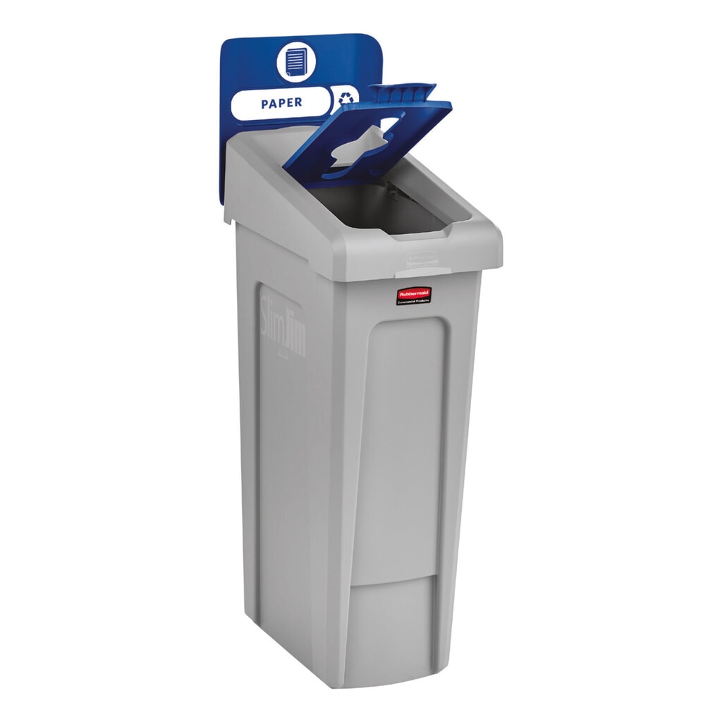 Número de imagen del producto 2: Rubbermaid® Slim Jim Recycling Station Starter Set, con contenedor de reciclaje de 87 litros, tapa abierta, conector a presión