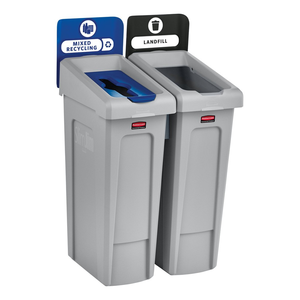 Número de imagen del producto 4: Rubbermaid® Slim Jim Recycling Station Starter Set, con contenedor de reciclaje de 87 litros, tapa abierta, conector a presión