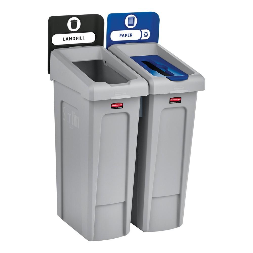 Número de imagen del producto 5: Rubbermaid® Slim Jim Recycling Station Starter Set, con contenedor de reciclaje de 87 litros, tapa abierta, conector a presión