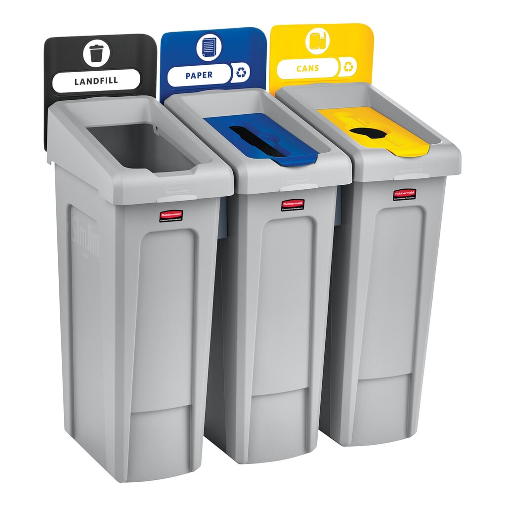Número de imagen del producto 6: Rubbermaid® Slim Jim Recycling Station Starter Set, con contenedor de reciclaje de 87 litros, tapa abierta, conector a presión