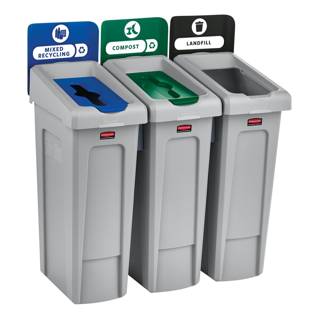 Número de imagen del producto 7: Rubbermaid® Slim Jim Recycling Station Starter Set, con contenedor de reciclaje de 87 litros, tapa abierta, conector a presión