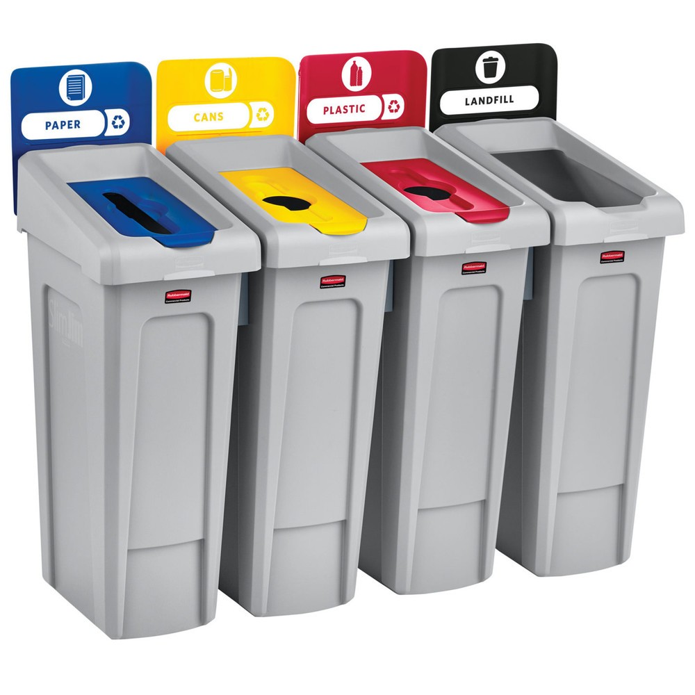 Número de imagen del producto 8: Rubbermaid® Slim Jim Recycling Station Starter Set, con contenedor de reciclaje de 87 litros, tapa abierta, conector a presión