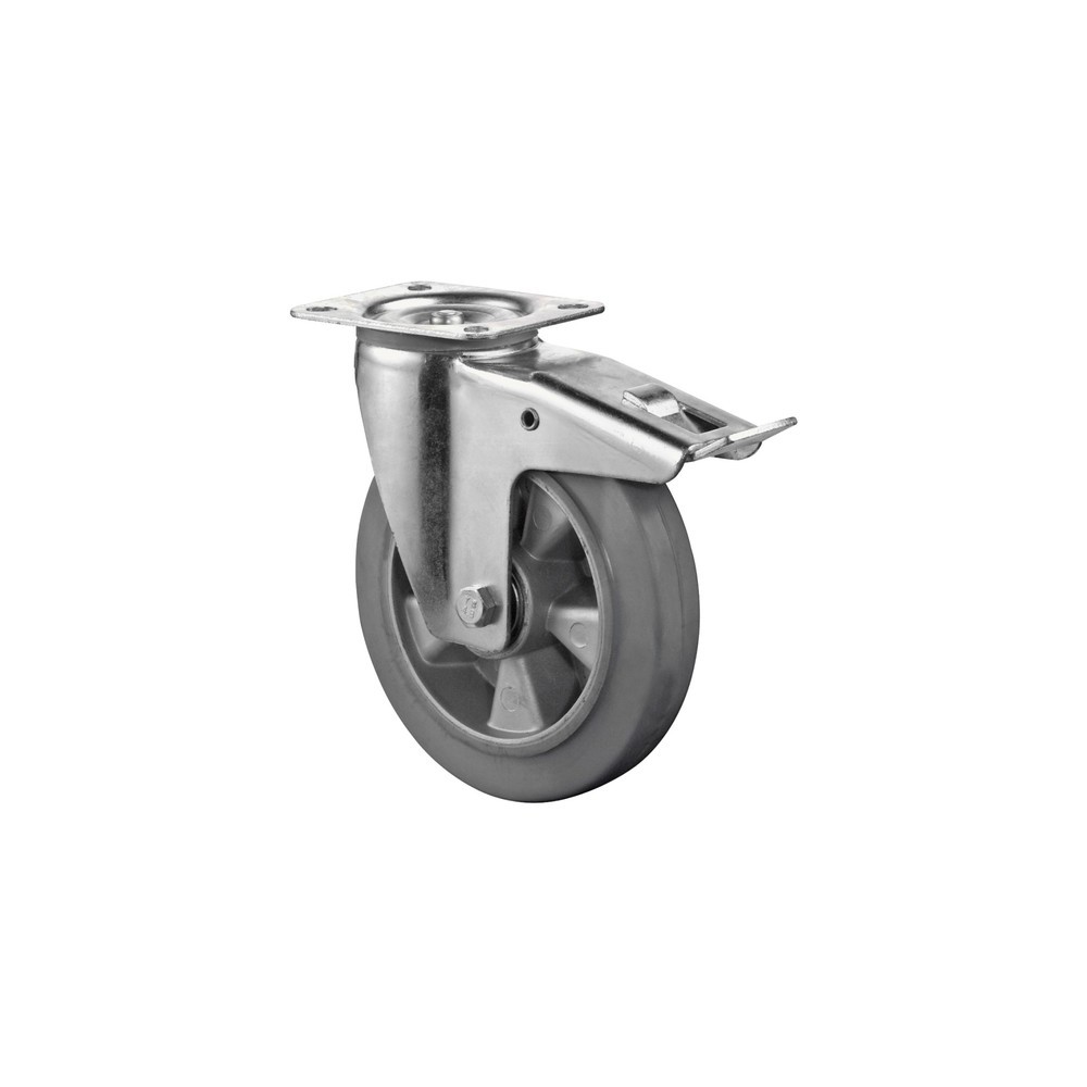 Imagen del producto: Rueda de transporte de goma elástica, gris, rueda directriz con bloqueo, rodamiento de bolas, pletina, Ø x ancho 100 x 40 mm, CC 150 kg