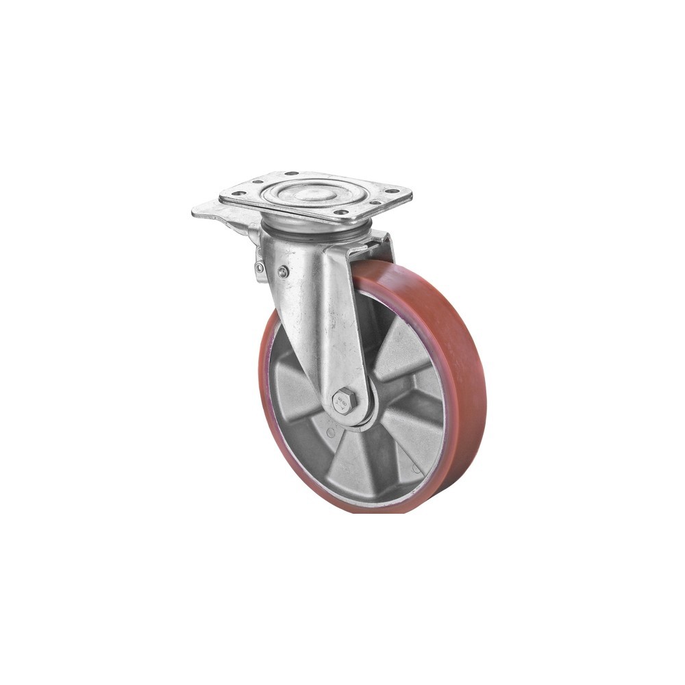 Imagen del producto: Rueda para cargas pesadas Prothane® de poliuretano fundido, rueda directriz con bloqueo, rodamiento de bolas, pletina, Ø x ancho 125 x 50 mm, CC 450 kg