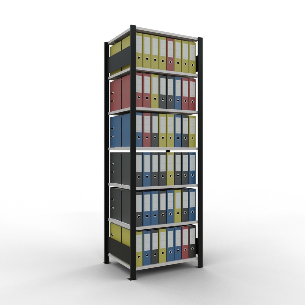 estantería para archivo SCHULTE módulo inicial, doble cara, sin topes centrales, carga por estante 150 kg, negro, alto H x An x F 2,300 x 750 x 600 mm Número de imagen del producto 2: estantería para archivo SCHULTE módulo inicial, doble cara, sin topes centrales, carga por estante 150 kg, negro, alto H x An x F 2,300 x 750 x 600 mm