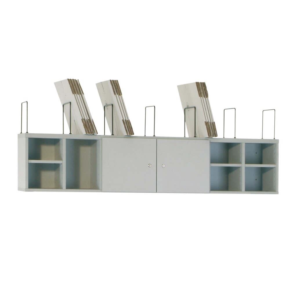 Imagen del producto: Sistema de armarios con puertas para mesas de embalaje Rocholz SYSTEM 2000, con separadores de compartimentos y baldas interiores, gris claro
