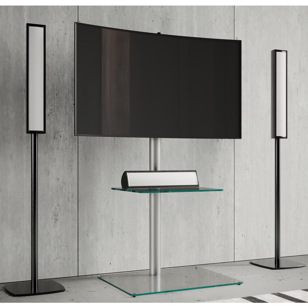 Número de imagen del producto 2: Soporte vertical de TV Alani con estante intermedio, plateado