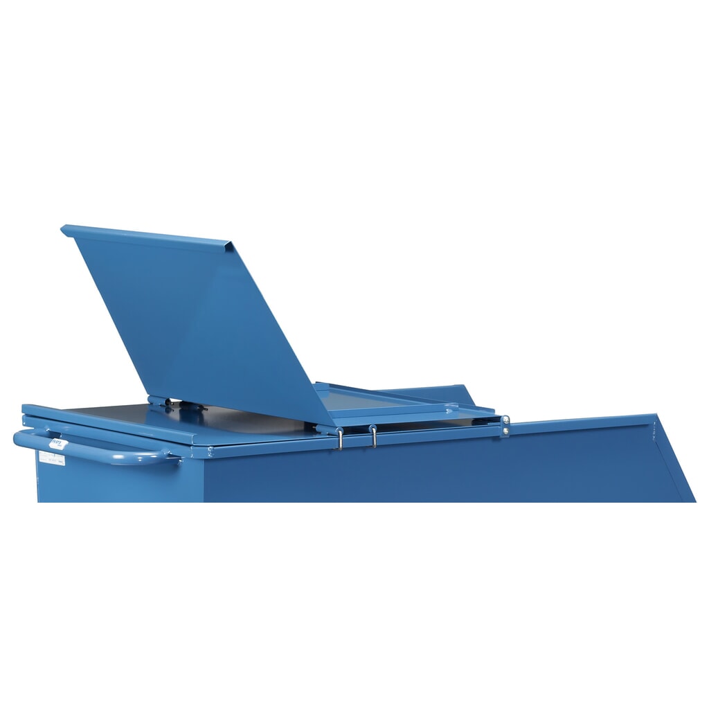 Tapa abatible para cubeta con mecanismo de vuelco fetra®, con ruedas, azul, 0,45 m³ Número de imagen del producto 3: Tapa abatible para cubeta con mecanismo de vuelco fetra®, con ruedas, azul, 0,45 m³