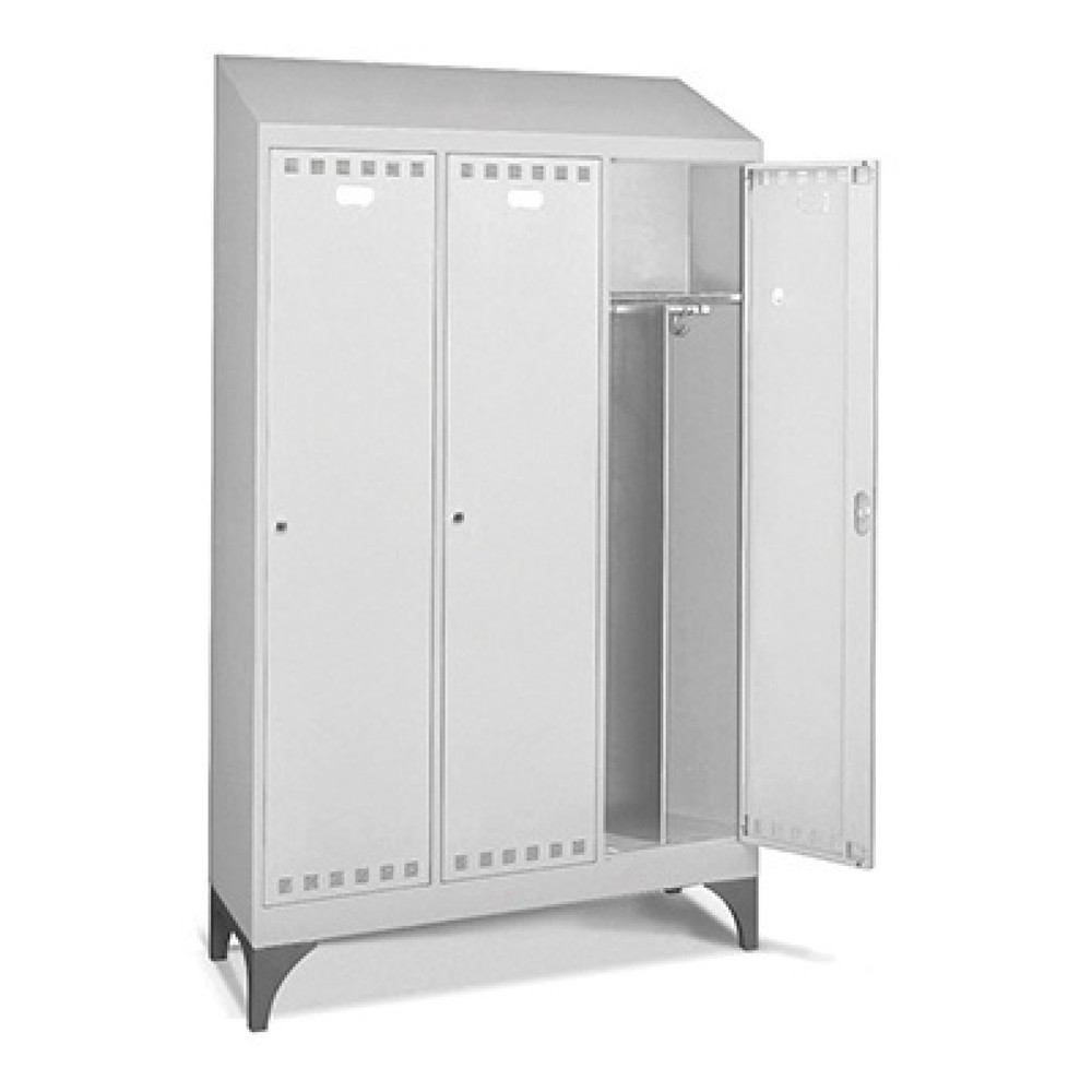 Imagen del producto: Taquilla doble metálica con patas Fami PERFOM, techo inclinado, 3 compartimentos, 2.170 x 1.195 x 502 mm (alto x ancho x fondo), patas, gris claro
