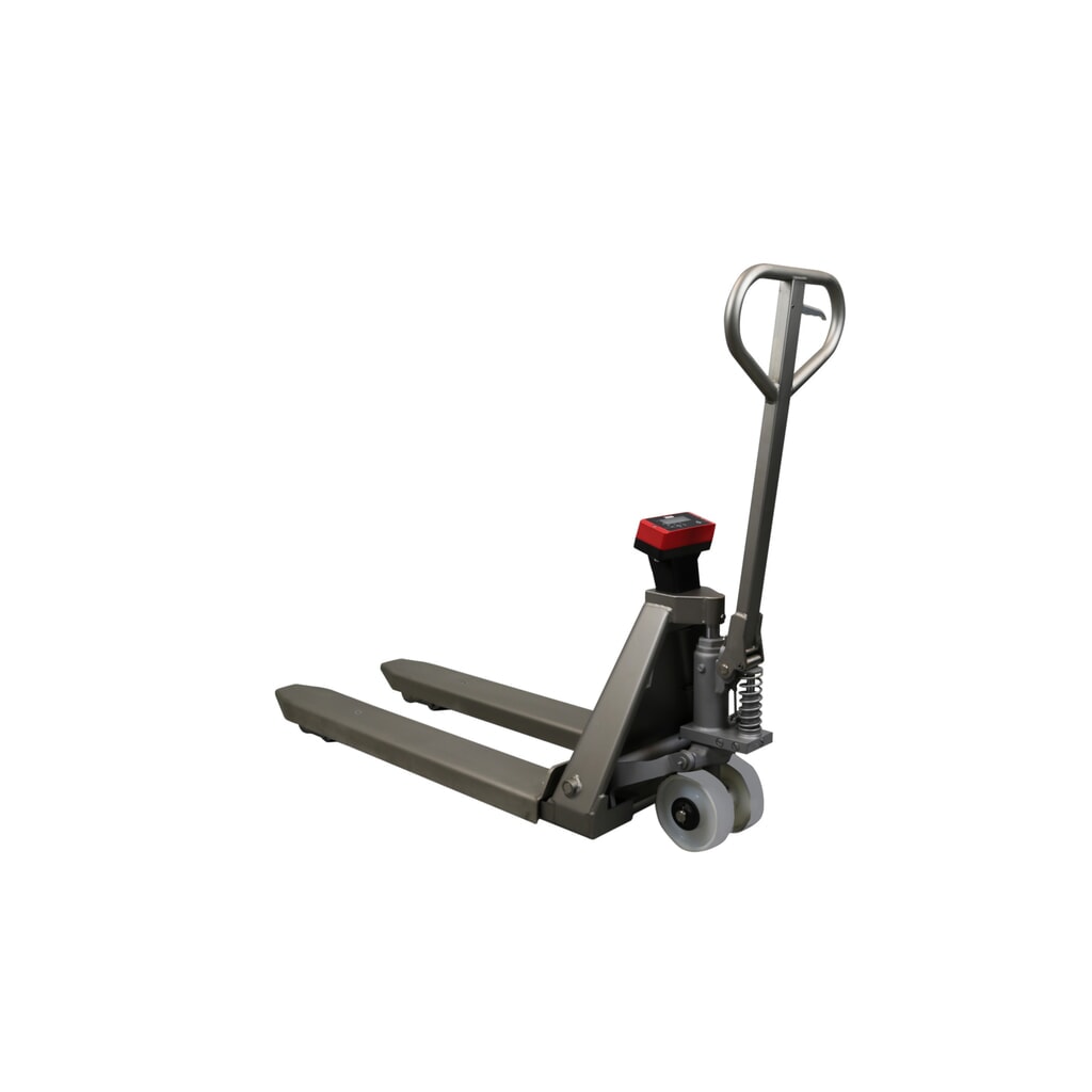 Transpaleta Ravas de acero inoxidable con báscula INOX, capacidad de carga 2.000 kg, LH 1.150 mm, poliamida, rodillos tándem Imagen del producto: Transpaleta Ravas de acero inoxidable con báscula INOX, capacidad de carga 2.000 kg, LH 1.150 mm, poliamida, rodillos tándem