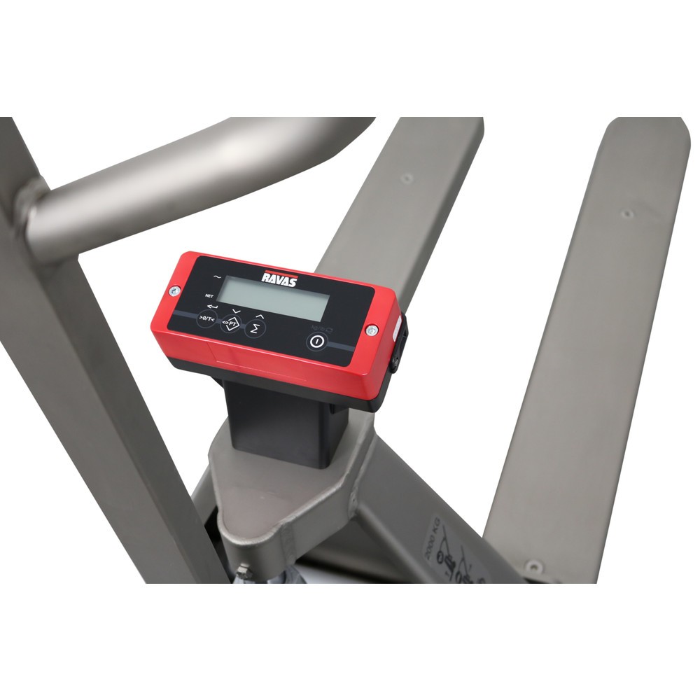 Número de imagen del producto 2: Transpaleta Ravas de acero inoxidable con báscula INOX, capacidad de carga 2.000 kg, LH 1.150 mm, poliamida, rodillos tándem
