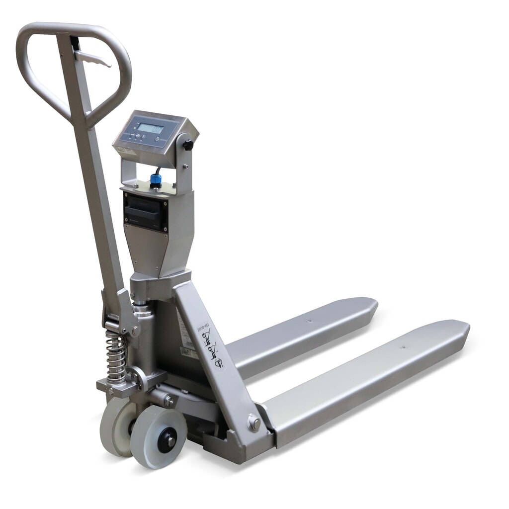 Transpaleta de acero inoxidable INOX PRO con pantalla multigama, capacidad de carga 2.000 kg, longitud de horquilla 1.150 mm, poliamida, rodillos tándem Imagen del producto: Transpaleta de acero inoxidable INOX PRO con pantalla multigama, capacidad de carga 2.000 kg, longitud de horquilla 1.150 mm, poliamida, rodillos tándem